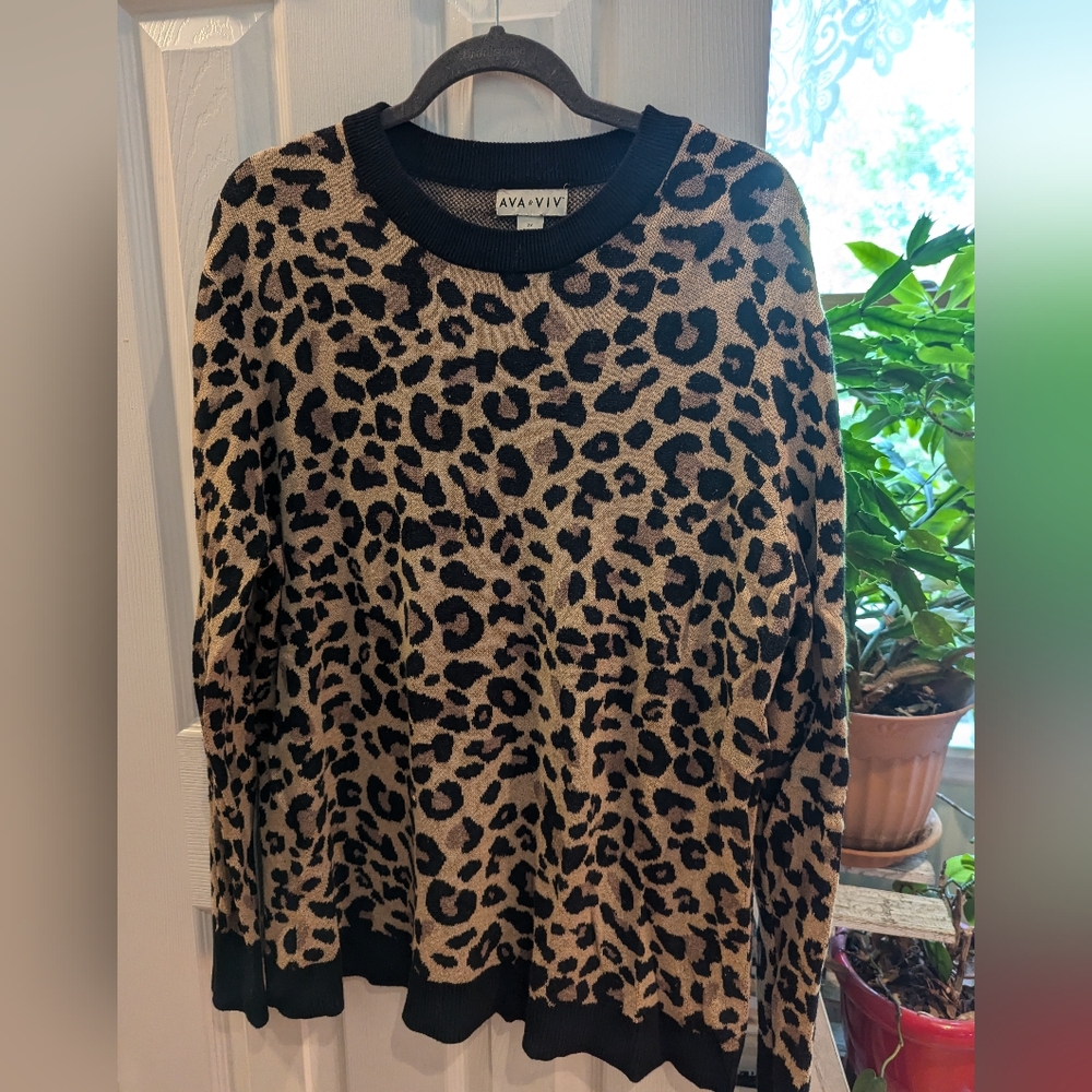 Ava & Viv Tan Leopard Print Sweater, 2X